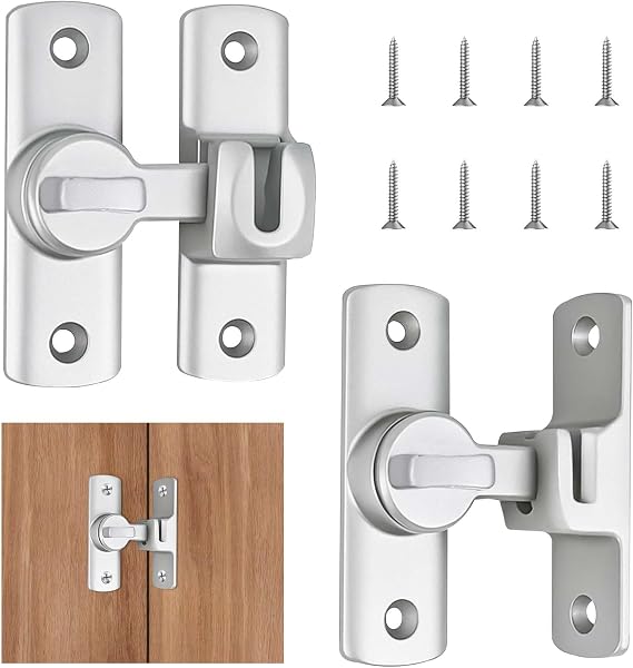 2 Pcs Door Latch, 90/180 Degree Door Gate Latch Lock, Heavy Duty Flip Gate Latches, Aluminum Alloy Sliding Door Lock for Barn Door, Bathroom, Bedroom, Cabinets, Outdoor Garage, Window(Silver)