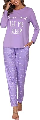GAESHOW Womens Cotton Pajamas with Cute Print, Ladies Cozy Long Sleeve Nightwear Soft Pjs Lounge Sets with Pockets