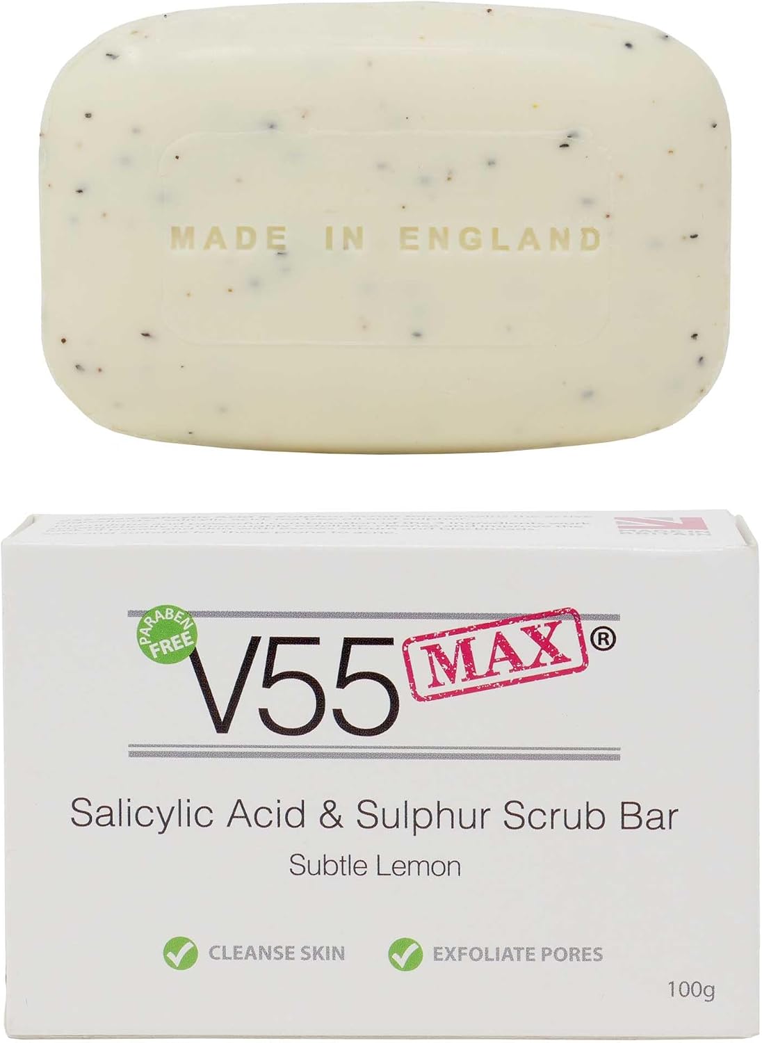 V55 MAX Salicylic Acid, Tea Tree Oil and Sulphur Soap Scrub for Spots Blackheads Milia Blemishes Problem Skin Suitable and Safe for those Prone to Acne - Paraben and Cruelty FREE - 100 g