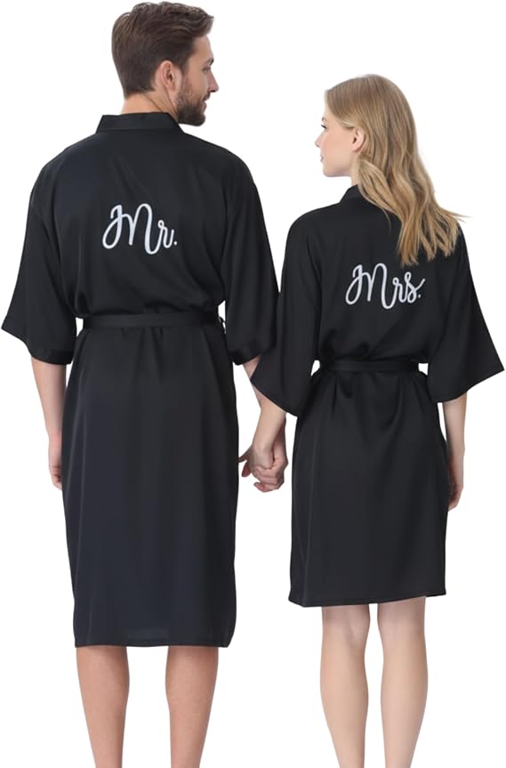 Jecery 1 Pcs Mr Mrs Satin Robe Matching Bathrobe for Couples, Black Spa Robe, Wedding Engagement Gift