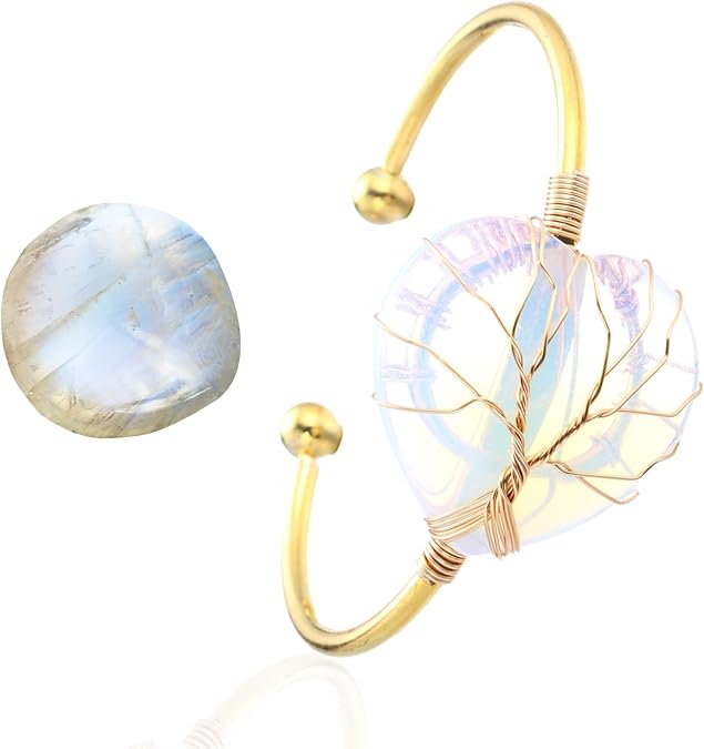 Halukakah Moonstone Necklace Bracelet - LUNARLOVE - Handmade Platinum/18k Gold Plated Winding Tree of Life Wire, Natural Crystal Moon/Heart/Waterdrop Shape Pendants...