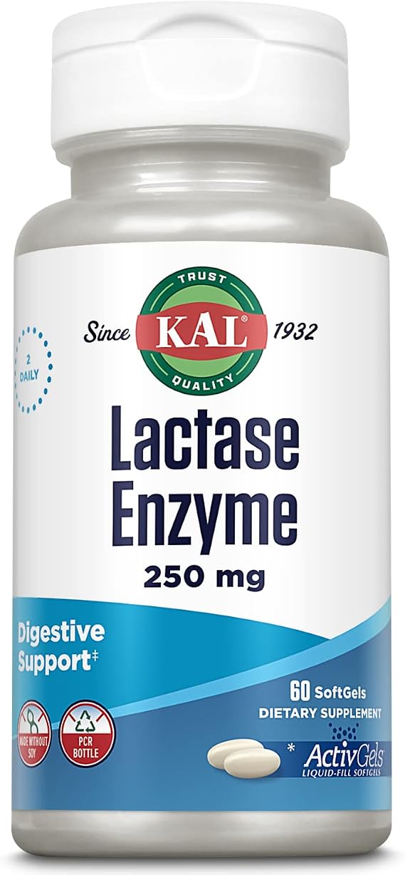 KAL Lactase Enzyme 250 mg, Healthy Digestion Support for Lactose Intolerance, Liquid-Filled ActivGels Made Without Soy, 250 FCC Units, 30 Servings, 60 SoftGels | Lactose Digestion Support - 250 FCC Lactase Enzyme - 30 Servings - Liquid-Filled Softgels - Made Without Soy, Lab Verified