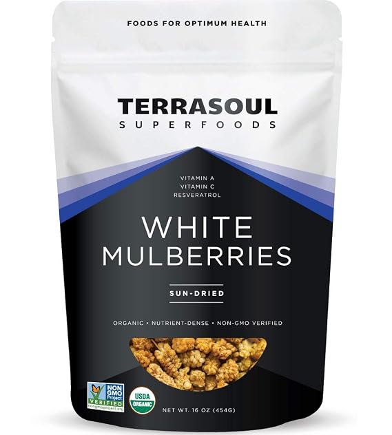 Terrasoul Superfoods Organic Sun-dried White Mulberries, 16 Oz, Sweet Superfood Snacking, Smoothie Booster, and Nutrient-Packed Yogurt Topping
