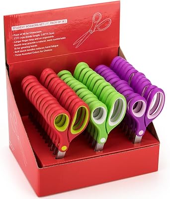 7 Students Scissors 36 Pairs Teacher Pack, Rounded-tip Soft Touch Blunt Kids School Student Scissors Shears GD-009-36 Pack of 36