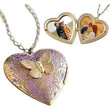 NICEDREAM Custom Photo Butterfly Purple Heart Locket Necklace for Women Personalized 1 or 2 Pictures Heart Shaped Locket Necklace Photo Lockets Pendant Gifts for Her Wife Customize Picture Necklaces