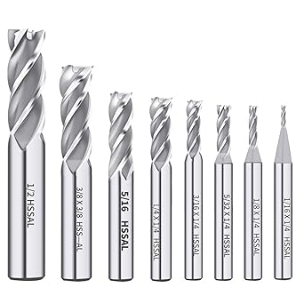 8PCS HSS 4 Flute End Mill Cutter Set, Straight Shank High Speed Steel Milling Bits 1/16" to 1/2" for CNC Router, Milling Machine, Metal, Wood, Plastic