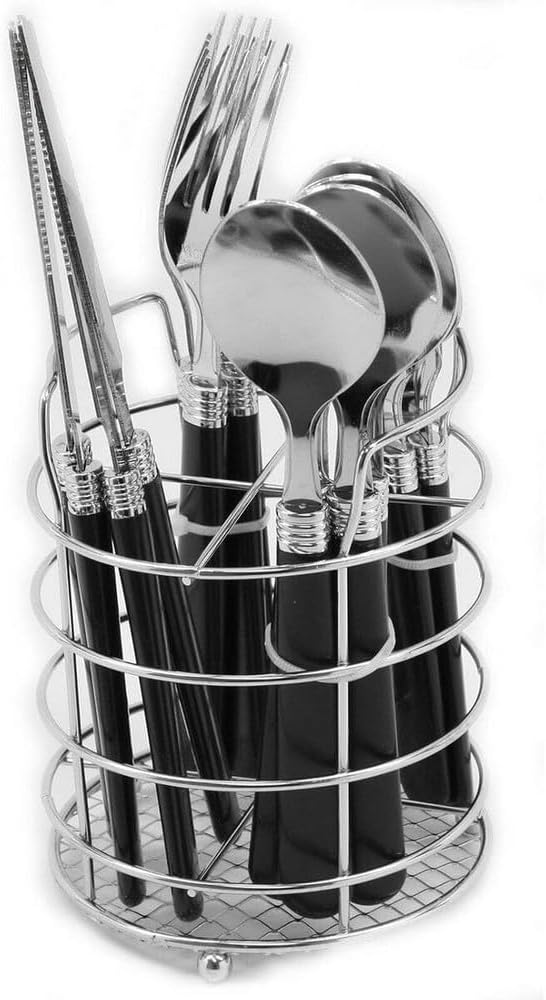Gibson Home Sensations 16-Piece Stainless Steel Flatware Set with Metal Caddy - Includes Knives, Forks, Large & Small Spoons - Durable, Dishwasher Safe Silverware for Everyday Dining (Black)