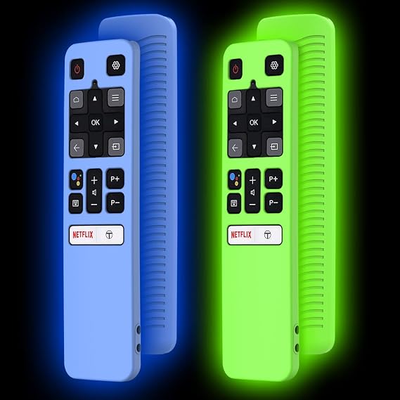 2 Pack Case for TCL RC802V FMR1 FNR1 Smart Voice Remote Control, Skin-Friendly Silicone Protective Cover Shockproof Anti Slip Anti-Lost with Lanyard, Glow Green & Glow Blue
