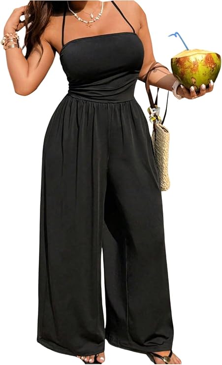 Verdusa Women's Plus Size Wide Leg Jumpsuits Sleeveless One Piece Halter Romper Going Out Outfits