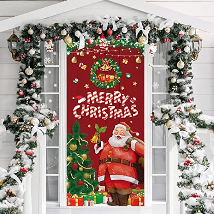 Merry Christmas Door Cover, 78.736.6 Inch Large Xmas Door Banner Santa Backdrop Holiday Festival Banner Funny Christmas Party Decorations Photo Booth Merry Christmas Supplies New Year Background