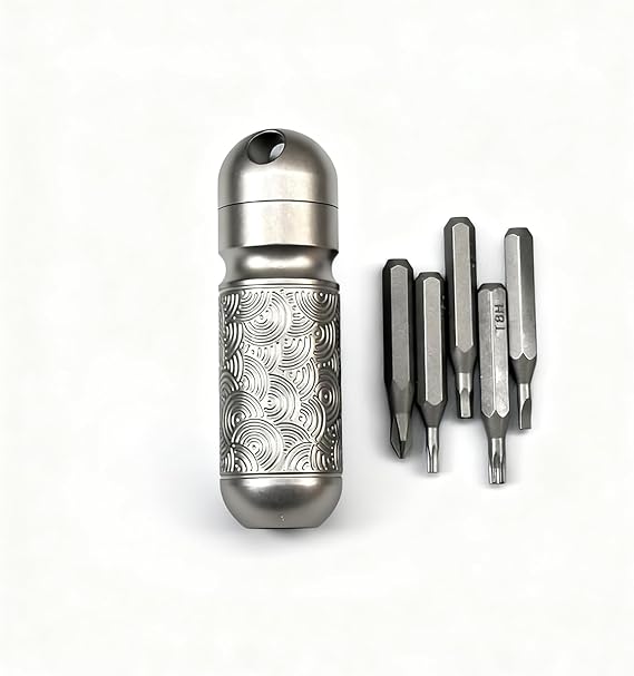 Titanium Waterproof Capsule EDC Tool with Screwdriver Bits, Mini Pocket Tool Kit with 5 Bits, CNC Titanium Alloy Storage Container, Compact Tool for Camping Repair (Wave Pattern Titanium)