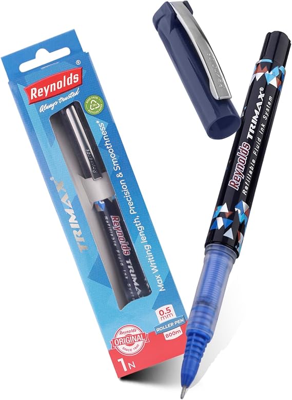 Reynolds TRIMAX RollerBall Pen SET - 1 PEN BLUE | ROLLER BALL PEN FOR WRITING | PEN FOR STUDENTS & OFFICE STATIONERY | 0.5 mm TIP SIZE