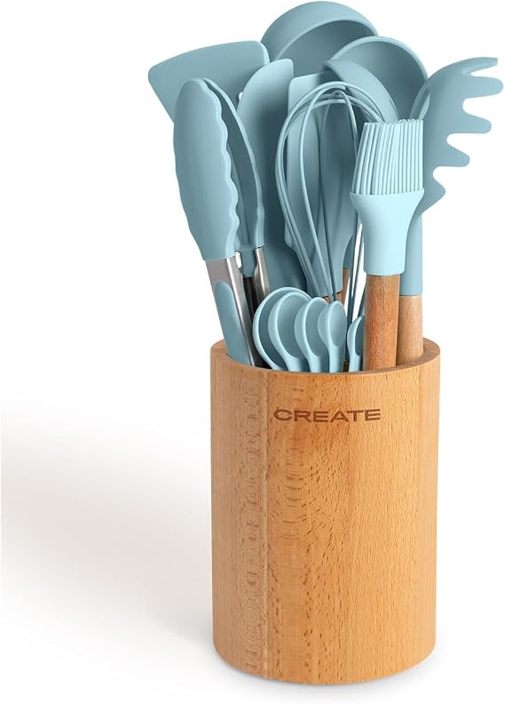 CREATE Kitchen Utensils Set Blue and Wood 11 Utensils Silicone and Beech Wood BPA Free Heat Resistant up to 230°C