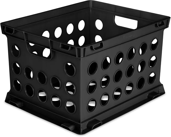 File Crate, Versatile Plastic Bin with Through Handles, Letter or Legal-sized File Storage, Stackable, Black