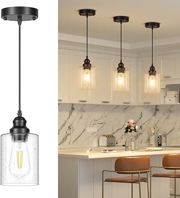 Licperron 3-Pack Pendant Light Fixtures, Modern Black Seeded Glass Pendant Lighting Kitchen Island, Adjustable Hanging Ceiling Light Fixtures for Dining Room Living Room Bedroom