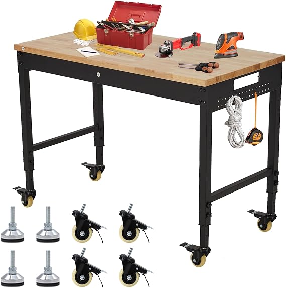 48" Work Benches for Garage, Adjustable Workbench with Wheels, Power Outlet & Rubber Wood Top, 2000LB Tool Bench Shop Table for Woodworking, Home, Office, Workshop, Black