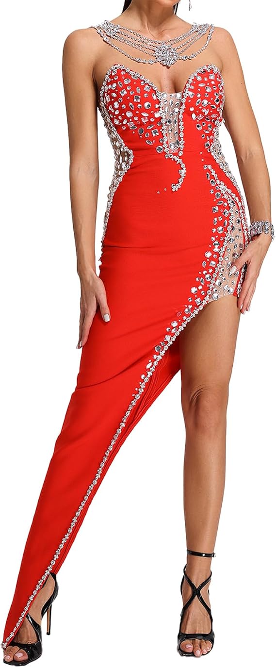BELLA BARNETT Diamonate Sequin Dress Asymmetric Bandage Dress for Women Evening Dress