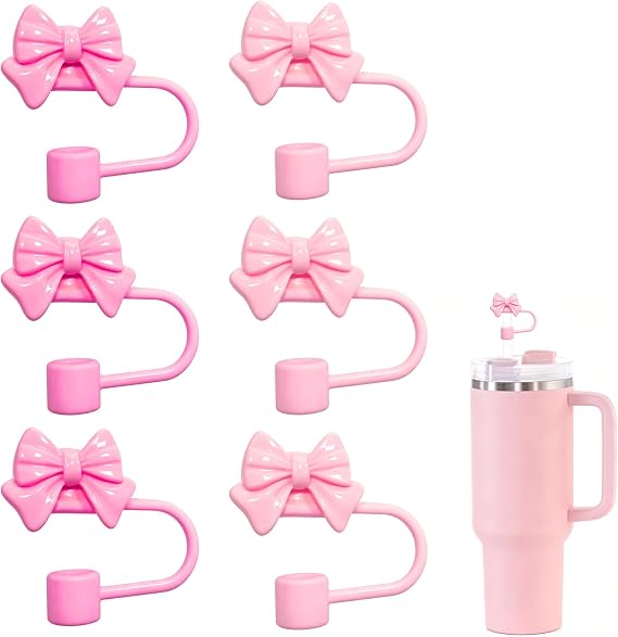 6PCS Pink Bow Straw Cover for Stanley Cup, Reusable Silicone Straw Toppers for Stanley Cup,9-10MM Dust-Proof Toppers Suitable for 30oz & 40oz