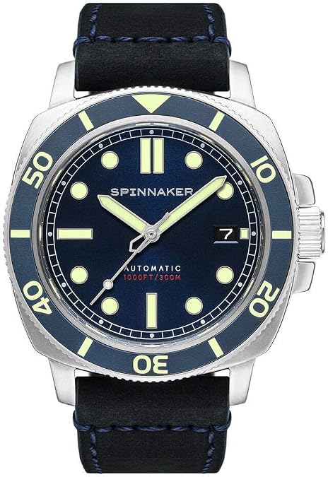 Spinnaker Hull Mens Watch - Automatic Dive Watch for Men, 42mm Stainless Steel Case, Black Leather Strap, 300m Water Resistance, SP-5088-02 - Arctic Blue