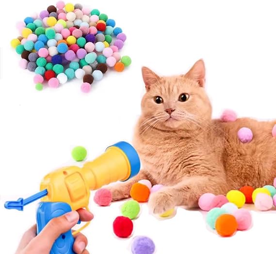 Cat Toy Ball Launcher Set Colorful Plush Toys Pom Pom Balls Cats Enrichment
