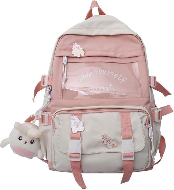 Kawaii backpack student schoolbag large-capacity tooling style backpack stitching cute girl campus backpack(Pink)