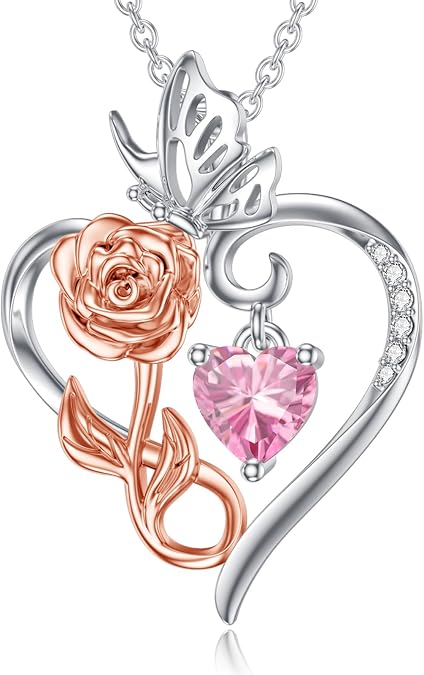 Rose Heart Birthstone Necklace for Women,925 Sterling Silver Flower Infinity Love Heart Pendant Necklaces for Mom Wife Her Jewelry for Anniversary Christmas Mothers Day