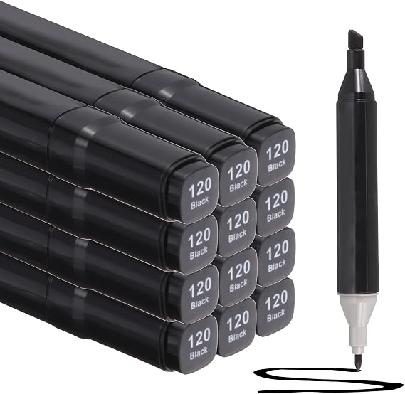 PATIKIL Dual Tip Alcohol Art Markers, 12 Pcs Black Barrel Alcohol Markers with Brush Tip and Fine Tip for Illustration Artist Adult Coloring Drawing Permanent Sketching, Black