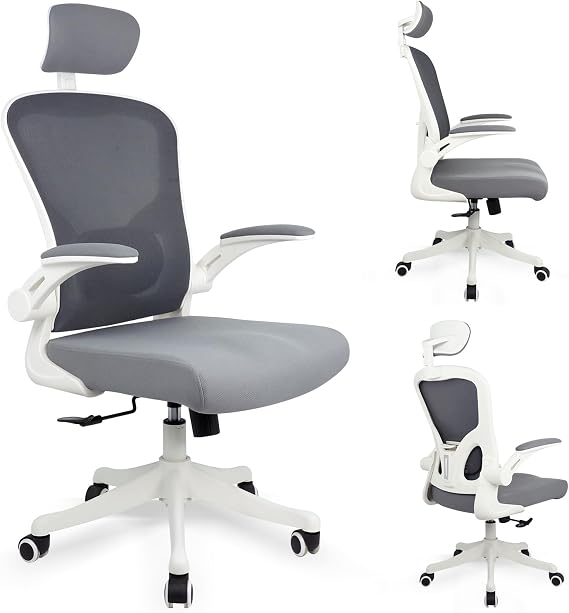 Ergonomic Desk Chair, Lumbar Support & 3D Headrest, Mesh Back Home Office Chair (Grey)