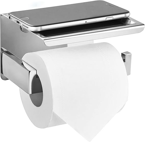 Toilet Paper Holder Wall Mount, Chrome Bathroom Toilet Paper Holder with Shelf, Rustproof Stainless Steel Self-Adhesive or Screw-drilled Toilet Paper Holder, Toilet Paper Roll Holder