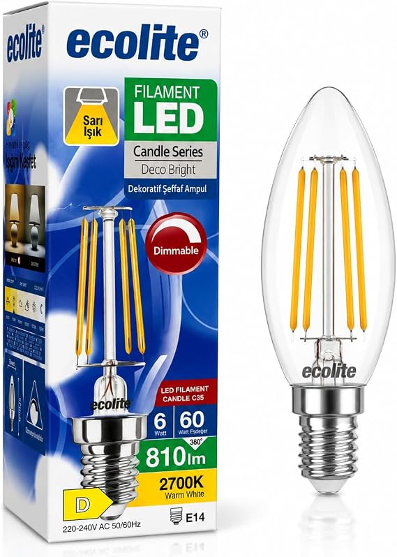 Ecolite Filament LED Mum Ampul E14 Duy 6W 810 Lümen Dim Edilebilir 2700K Sarı Işık Şeffaf Dekoratif Vintage Ampul 60W Eşdeğer C35 Candle Series (1) [Enerji Sınıfı D]