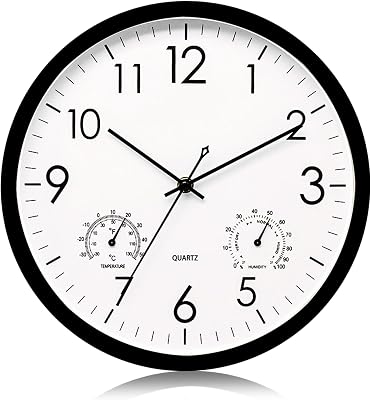Outdoor Wall Clock,Outdoor Clock with Temperature & Humidity 12in Battery Operated Wall Clock Enduring Waterproof Black Round Quartz Clock for Gaiden, Living Room, Office