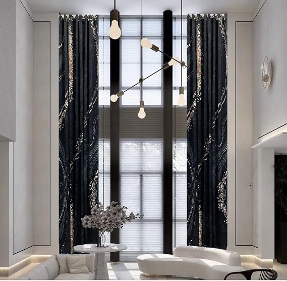 Ikiriska Extra Long Curtains with Geometrical Pattern 8-24 ft Length. (1 Panel). Custom Made (Black Marble, 50Wx084L)