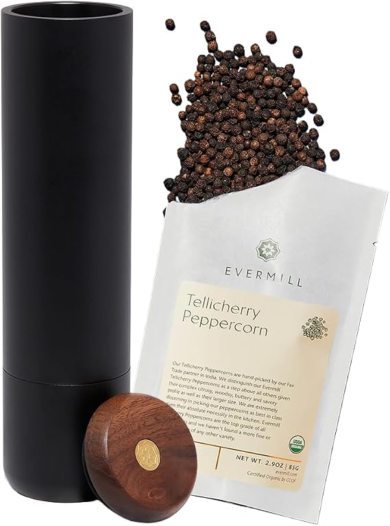 Evermill Pepper Mill Premium Adjustable Pepper Grinder with Ceramic Grinder Core Refillable Aluminum Manual Pepper Grinder for Kitchen (Black)
