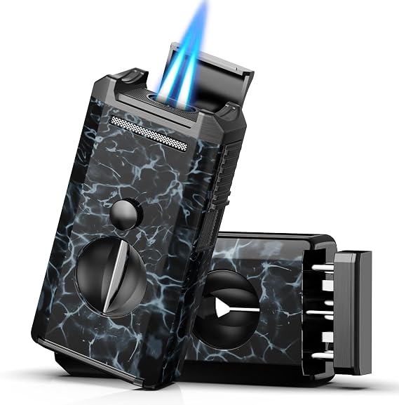 All-in-One Torch Lighter with Auto-Pop V Cutter and Holder, Windproof Jet Flame Cool Lighters, Butane Refillable Torch Lighters Set with Gift Box for Men, Candles, Travel, Outdoors, Camping