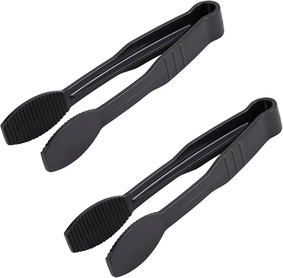 Flat Edge Utility Tongs 6" High Heat Resistant, Straight Edge Black Serving Tongs, Durable Polycarbonate Food Tongs for Kitchen or Buffet [2PK]