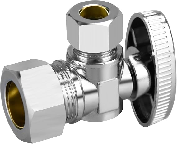 Stop Valves, 1/2" 3/8" Angle Stop Valve, 1/2" Nominal (5/8" OD Comp.) Angle Input, 3/8" OD Compression Output, 1/4 Turn, Chrome Plated Brass for Kitchen, Faucet, Toilet Valves