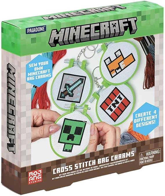 Paladone Minecraft Officially Licensed Cross Stitch Charm Set of 4, Creeper, TNT, Sword and Fox, Idea Gamer Gift for Boys and Gifts, Arts and Crafts DIY Gaming Decor and Accessory