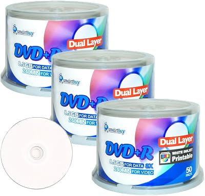Smartbuy 8.5gb240min 8X DVDr Dl Dual Layer White Inkjet Printable Blank Data Recordable Disc Spindle 150-Disc