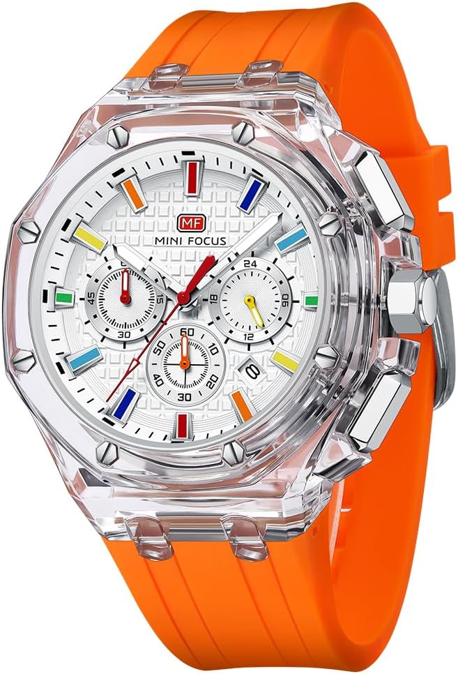MF MINI FOCUS Men Watches Multifunction Transparent Analog Display Silicone Strap Calendar Chronograph Luminous Quartz Waterproof Trend Wrist Watches for Men