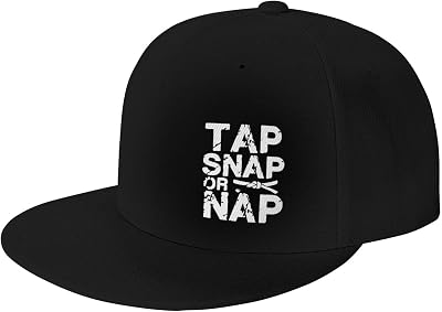 Tap Snap Or Nap Baseball Cap for Men Or Women Flat Brim Hat Adjustable Black