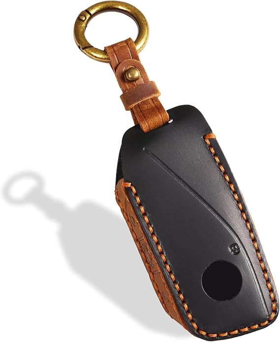 OLLEN Screws-Free Genuine Leather Key Fob Cover Fit for BMW 2023-2025 2026 New 5/7 Series 740i 760i X1 X2 X3 X5 X6 X7 XM IX IX3 I5 I7 etc, with Key Ring, Black