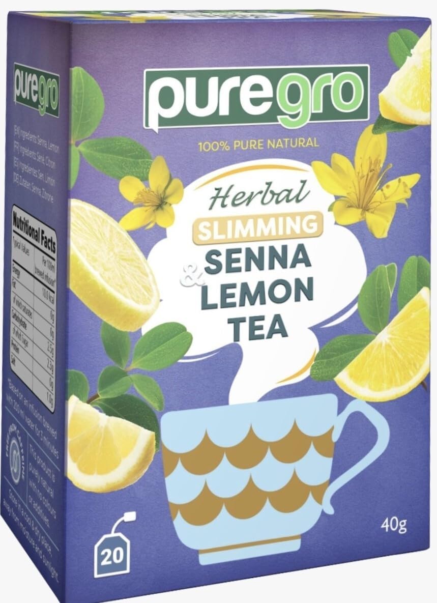 Puregro Herbal Slimming Senna & Lemon Tea 40g (20 Tea Bags) | 100% Pure Natural | CAFFEINE FREE.
