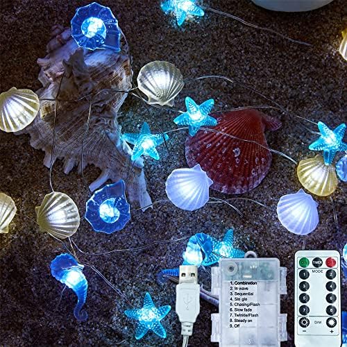 Ocean Themed Marine Life Lights,Beach Sea String Lights, Beach Aquarium Decor Sea Turtle Seahorse Starfish Giant Clam String Lights, Battery or USB powered,10ft 30 LEDs Themed Marine Life Lights B