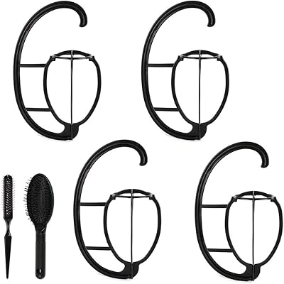 Smilco Wig Hanger with Wig Brush Combo,4 Pack Portable Hanging Wig Stand for All Wigs and Hats Holder,Collapsible Wig Dryer,Wig comb set for synthetic wigsBlack