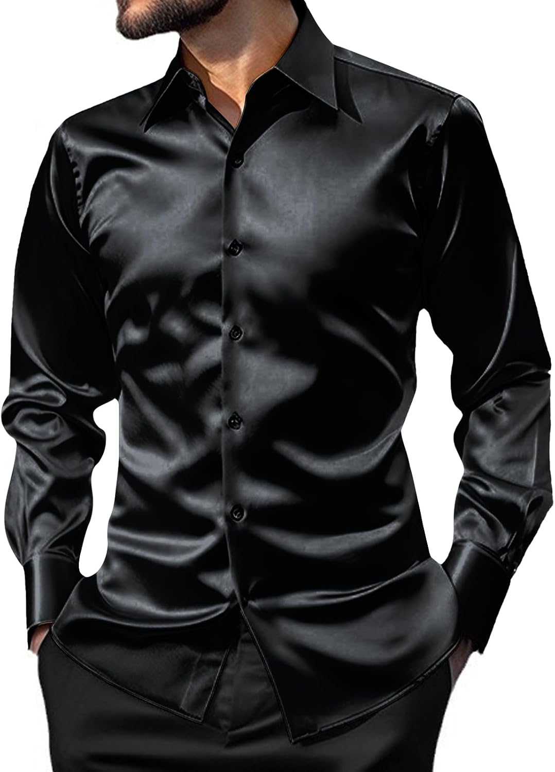 AOTORR Mens Luxury Shiny Silk Like Satin Button Up Dress Shirts Slim Fit Long Sleeve Nightclub Party Disco Prom Shirts