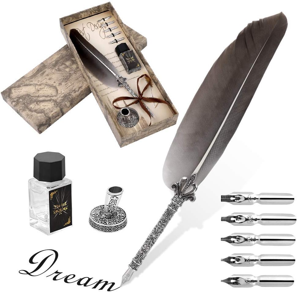 Ejoyous Handcrafted Quill Pen, Feather Quill Pen Set Calligraphy Pen Stationery Set Antique Dip with Ink Bottle Pen Nib Base 6 Replacement Nib for Friend Teachers