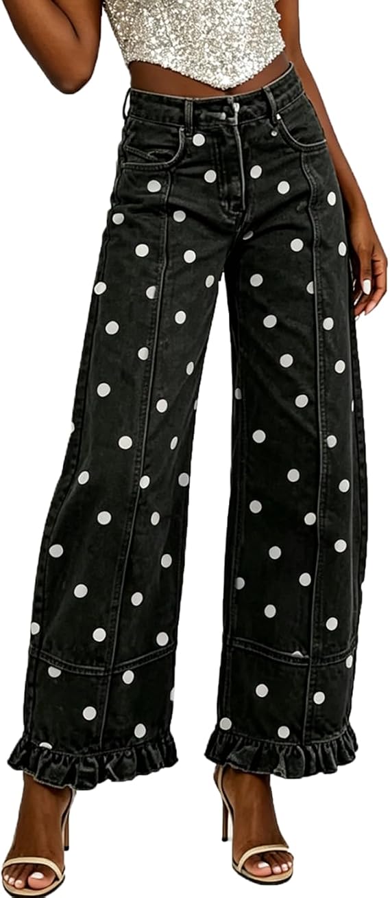 Mxiqqpltky Polka Dot Jeans Women High Waist Stretchy Wide Leg Denim Pants Ruffle Hem Baggy Boyfriend Barrel Jeans Streetwear