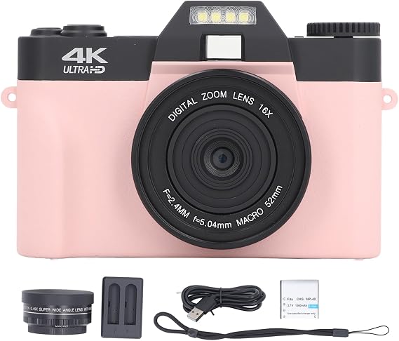 Photo 4K Digital Camera Auto Focus 4K Camera 16X Digital Zoom Travel Camera Image Stabilization 48MP Vlogging Camera 3in 180 Degree Flip Screen Vlogging Camera Pink