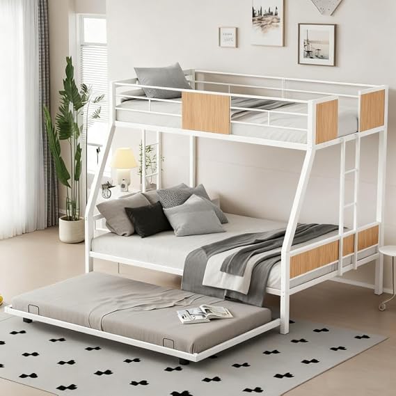 PVWIIK Twin Over Full Bunk Bed with Trundle,Space Saving,White | Bunk Bed with Trundle,Heavy-duty Sturdy Bedframe with Safety Guardrail & Ladder for Kids Boys Girls Teens