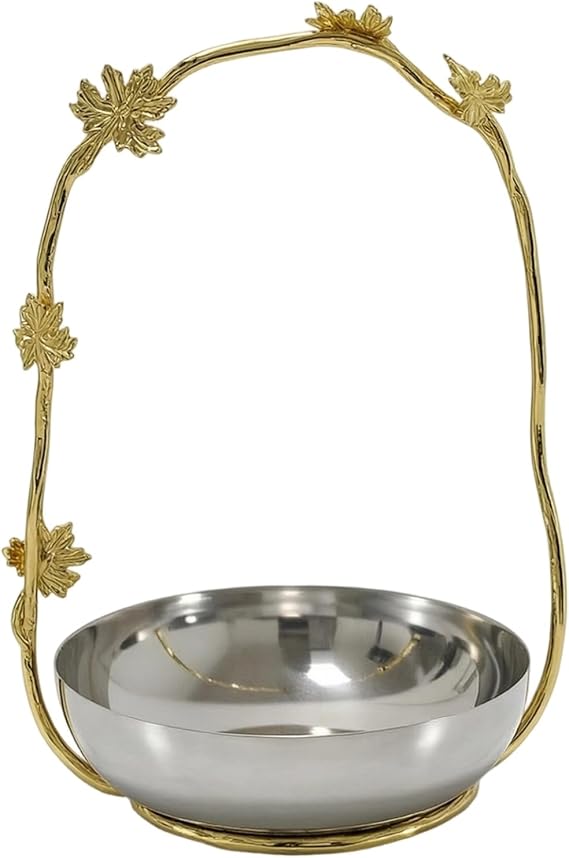 Fruit Tray with Metal Frame Botanical Decorative Platter with Branch Handle Modern Deluxe Fruit Serving Tray for Living Room, 20 20 33CM